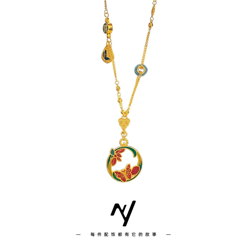 New Chinese Style 9999 24K Real Gold High Enamel Flowers Butterfly Pendant Necklace Design Orchid Butterfly Collarbone Chain