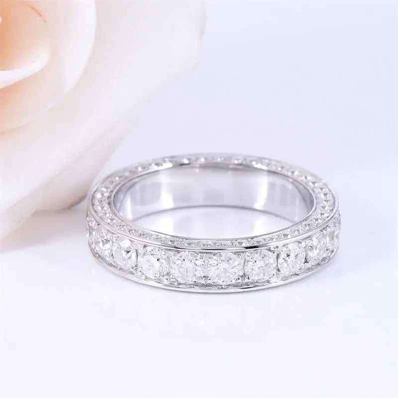 Custom Real Solid 18K White Gold Eternity Rings Men Engagement Anniversary Wedding Rings Round Moissanite Diamond Rings Women