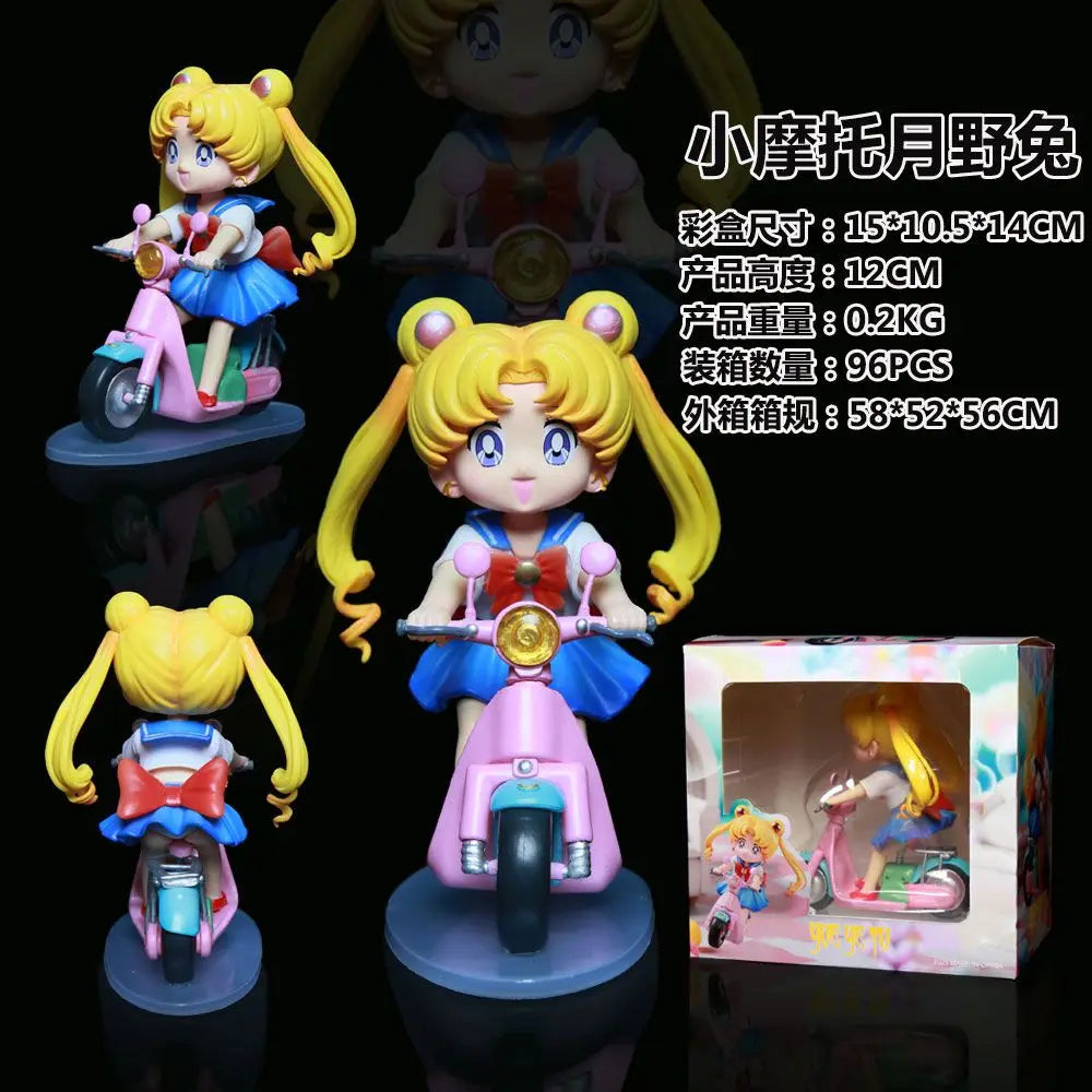 Sailor Moon Anime Figure 13cm Q Version Tsukino Usagi Ride A Bike Figurine Collection Desktop Decor Ornament Doll Kid'S Toy Gift