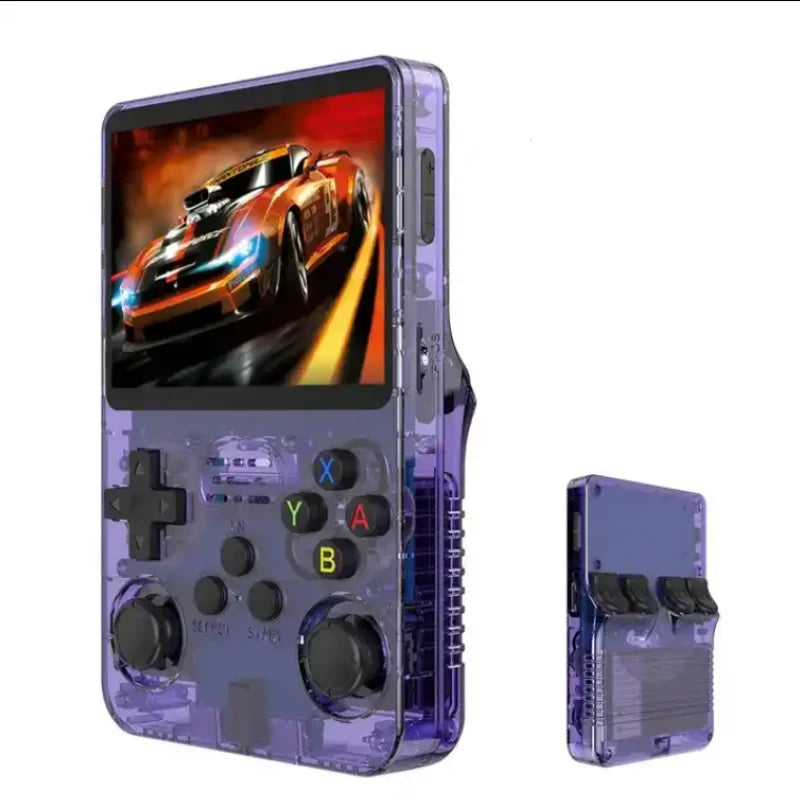 Purple handheld gaming console with transparent design, displaying a racing game on screen.