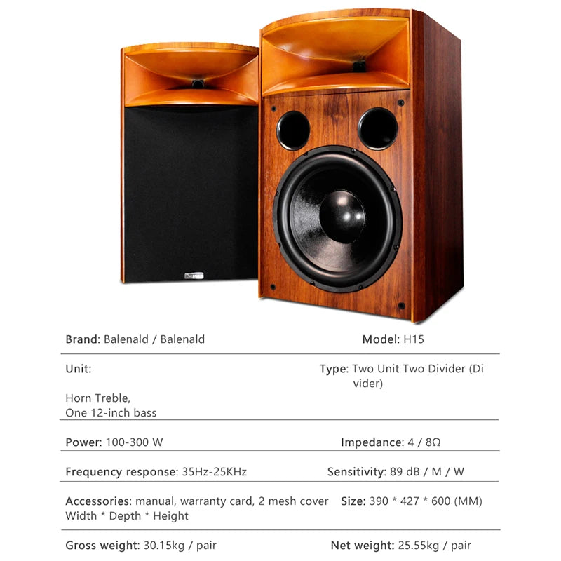 Balenald speaker H15 fever-grade bookshelf speaker solid wood horn 12-inch speaker ND68 and X9 amplifier hifi combination audio