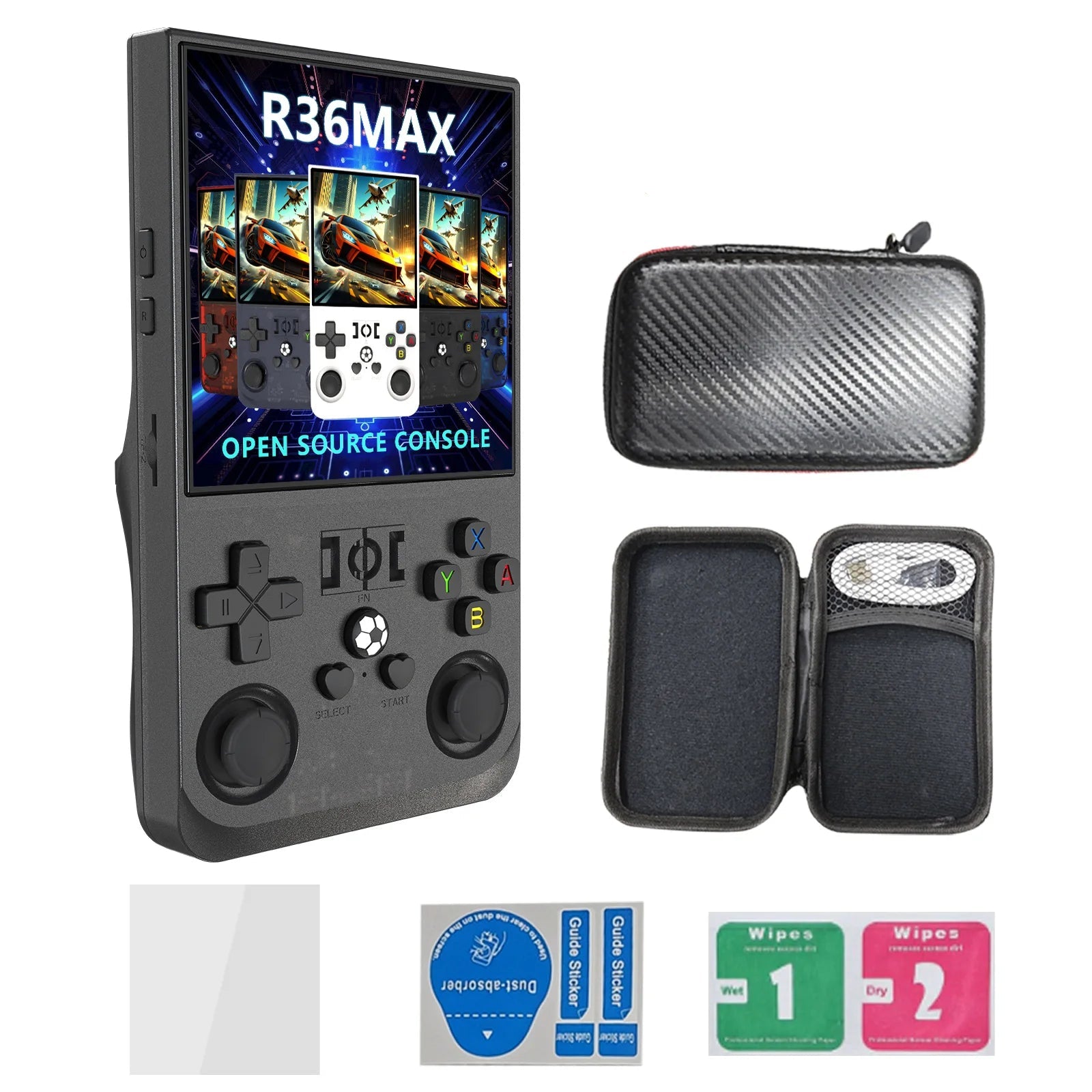 Handheld gaming console with carrying case, wipes, and cleaning sticks on a white background