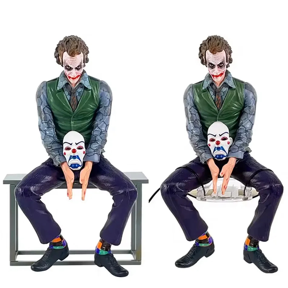 24cm Joker Heath Ledger Action Figure Sitting Green Suit Handheld Joker Mask Car Doll Desktop Decoration Model Toy Children Gift