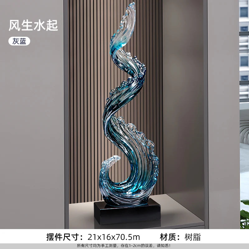 Home Decor Wind and Water Rising Decorations,Blue Resin Sculpture Luxury Living Room Entrance Vertical Art Decoration Customized
