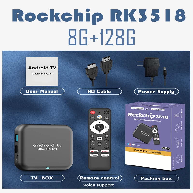 Android 16.0 TV BoxRockchip RK3518 Q18 Smart TV Box 8K Google Assistant Netflix Multimedia Player 2.4G 5G Wifi 6 BT5.4 128G ATV