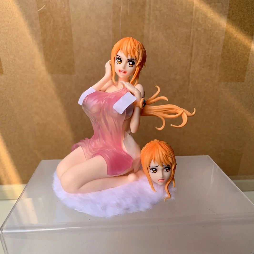 One Piece Anime Girl Figures Bathrobe Nami Dual Head Interchangeable Figurines Car Decoration Doll Model Kids Toys Fans Gifts