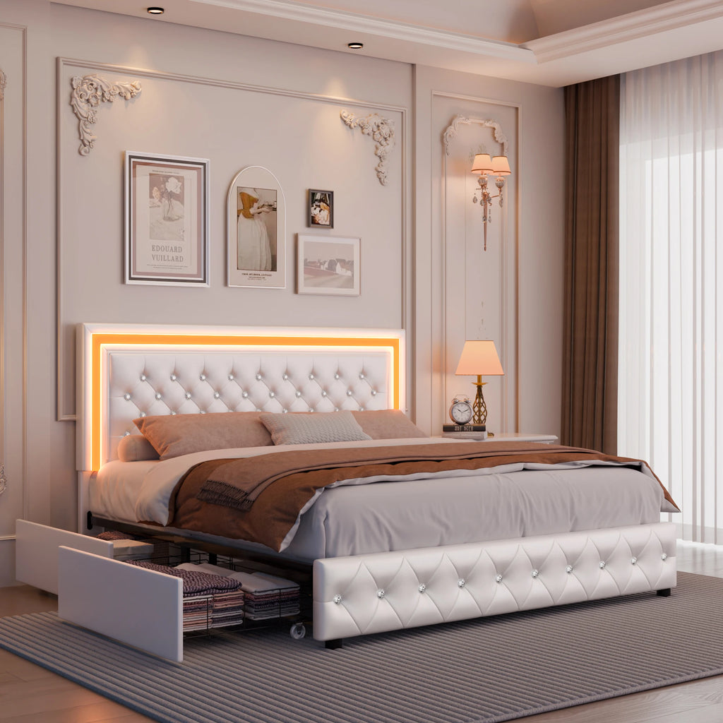 GEGOFORU Queen LED Platform Bed Frame with 4 Storage, PU Leather, No Box Spring, Easy Assembly, 900lbs Capacity