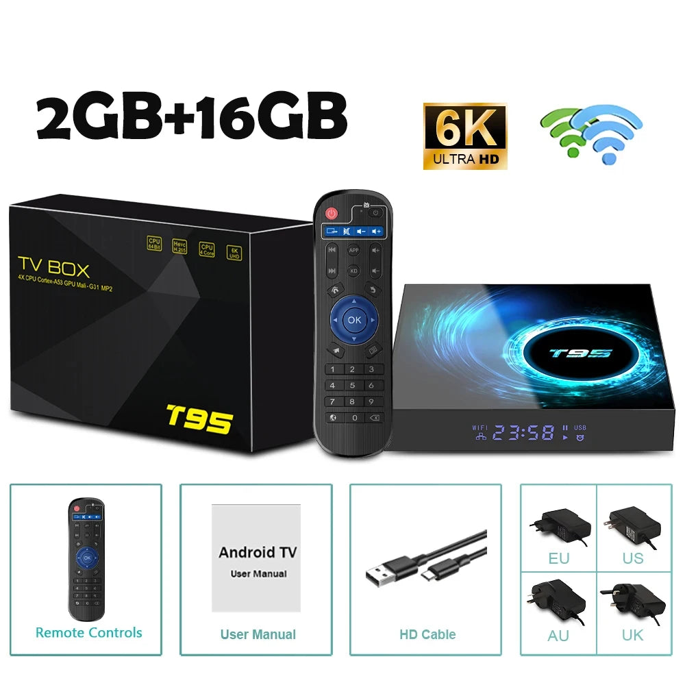 Smart TV Box Android 14 T95 6K Allwinnerh616 Media Player Dual WiFi Bluetooth 5.4 with Remote Support Google Voice Set Top Box