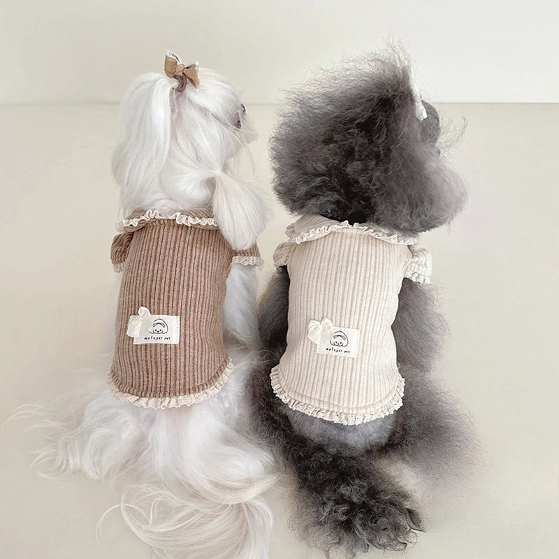 Gestreiftes Cord-Basishemd für Haustiere mit Herbst- und Winter-Samtkleidung, Puppenkragen, Bubble-Halbarm-Kapuzenpullover mit Spitze, Welpenkleidung