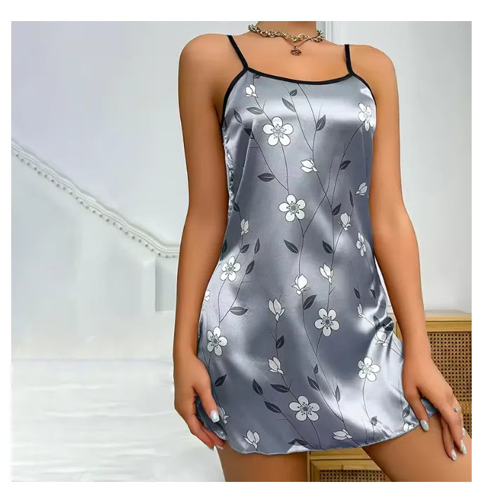 Damen Nachtwäsche Sommer Blumendruck Satin Nachthemd Lässig Ärmellos Rückenfrei Slip Nachtkleid Sexy Nachthemd Home Kleidung