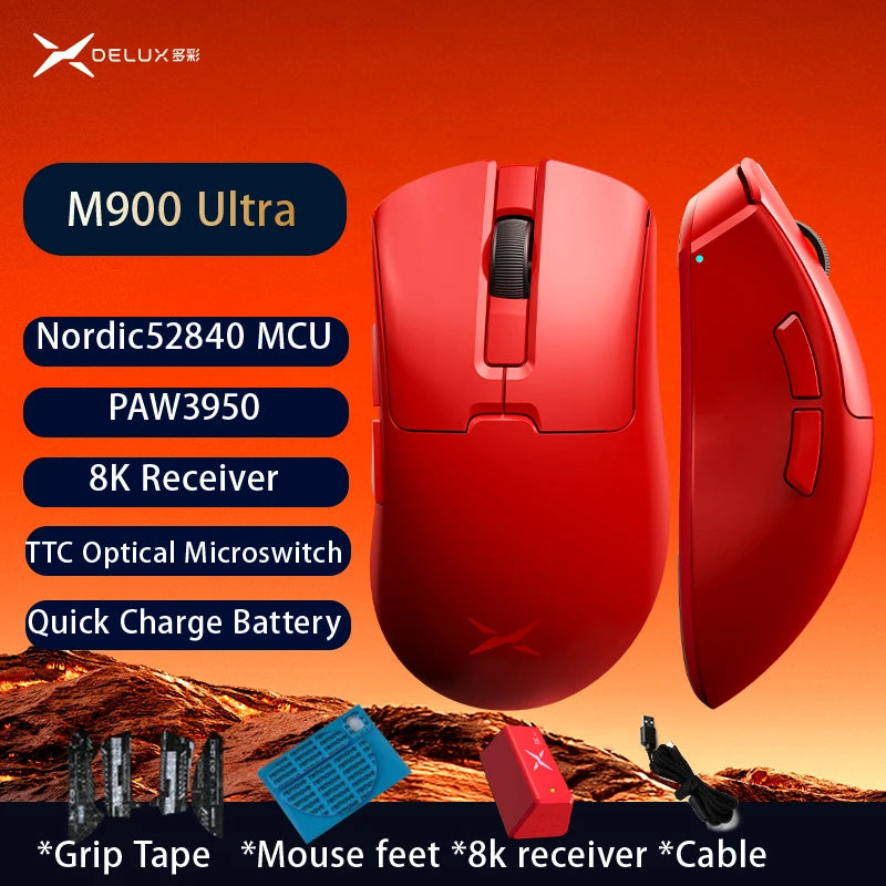 Delux M900PRO Ultra-light Version Wireless Gaming Mouse Ergonomic 1K/8K Polling Rate 50g PAW3395 for Right Big Hand PC Gamer