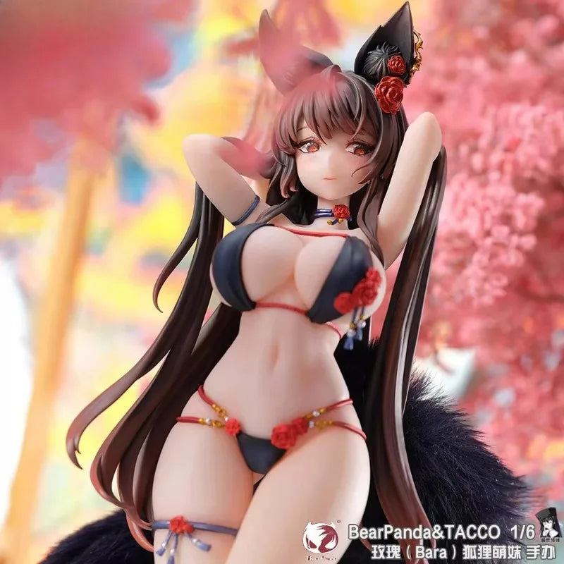 BearPanda Fox Girl Rose Bara Standing Pose 1/6 Anime Figure Model With Plush Tail Cute&Dynamic Decor Desktop Ornament Toy Gift