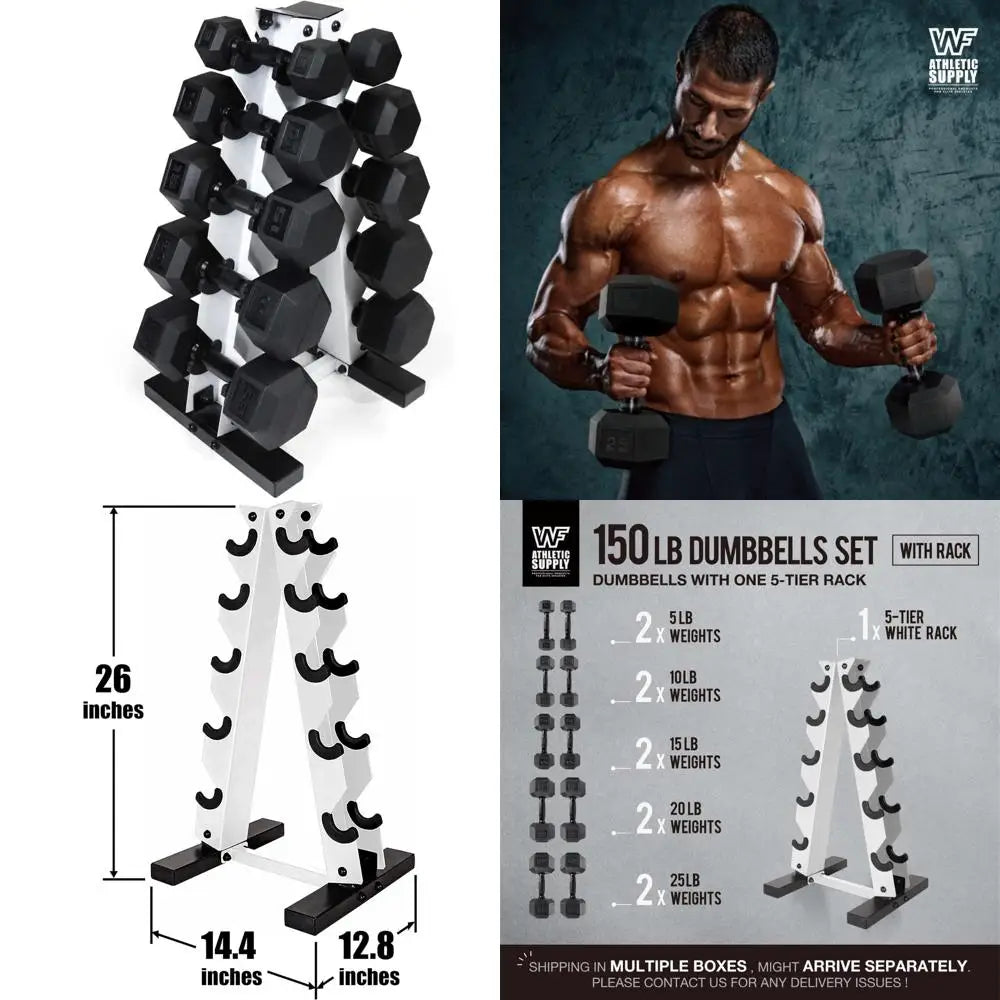 Black Handled Rubber Coated Hex Dumbbells Set 5-25Lb with Storage Rack and Non-Slip Design for Building Muscle Strength