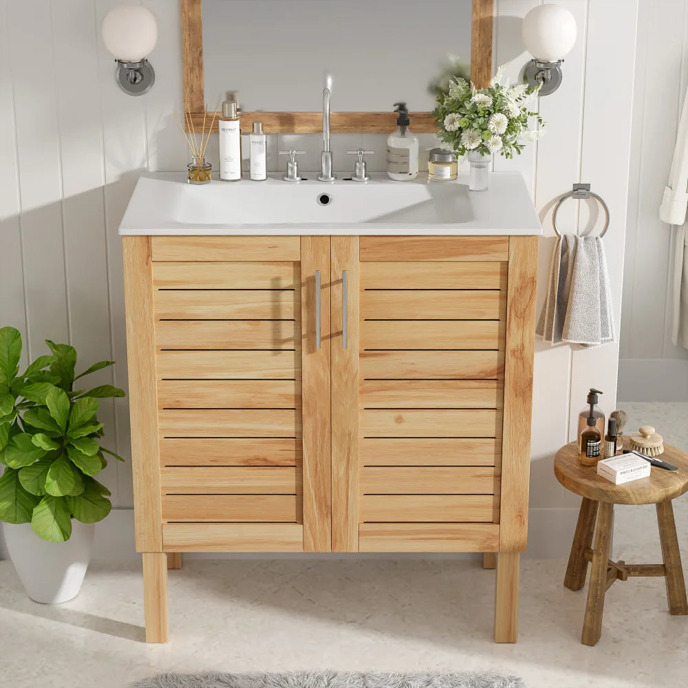 30" Antique Bathroom Vanity with Ceramic Sink, Mid-Century Modern Bathroom Vanity Cabinet with 2 Soft-Close Doors and Large