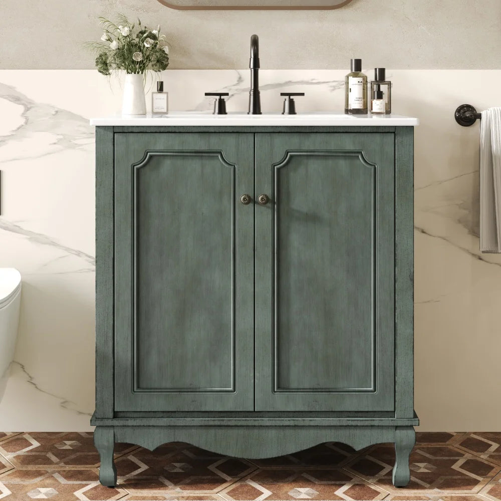 30" Vintage Bathroom Vanity with Rectangle Ceramic Sink,  Bathroom Vanity Cabinet with Antique Handles and 2 Doors, Bathroom