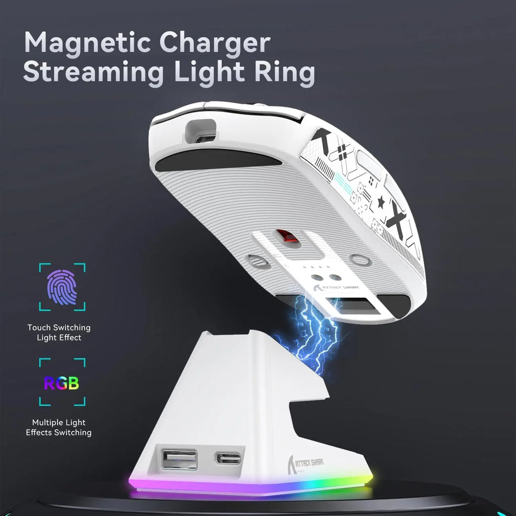 Лека безжична геймърска мишка ATTACK SHARK X6 с RGB подсветка, зареждаща база, три режима, 26K DPI, оптичен сензор PAW3395