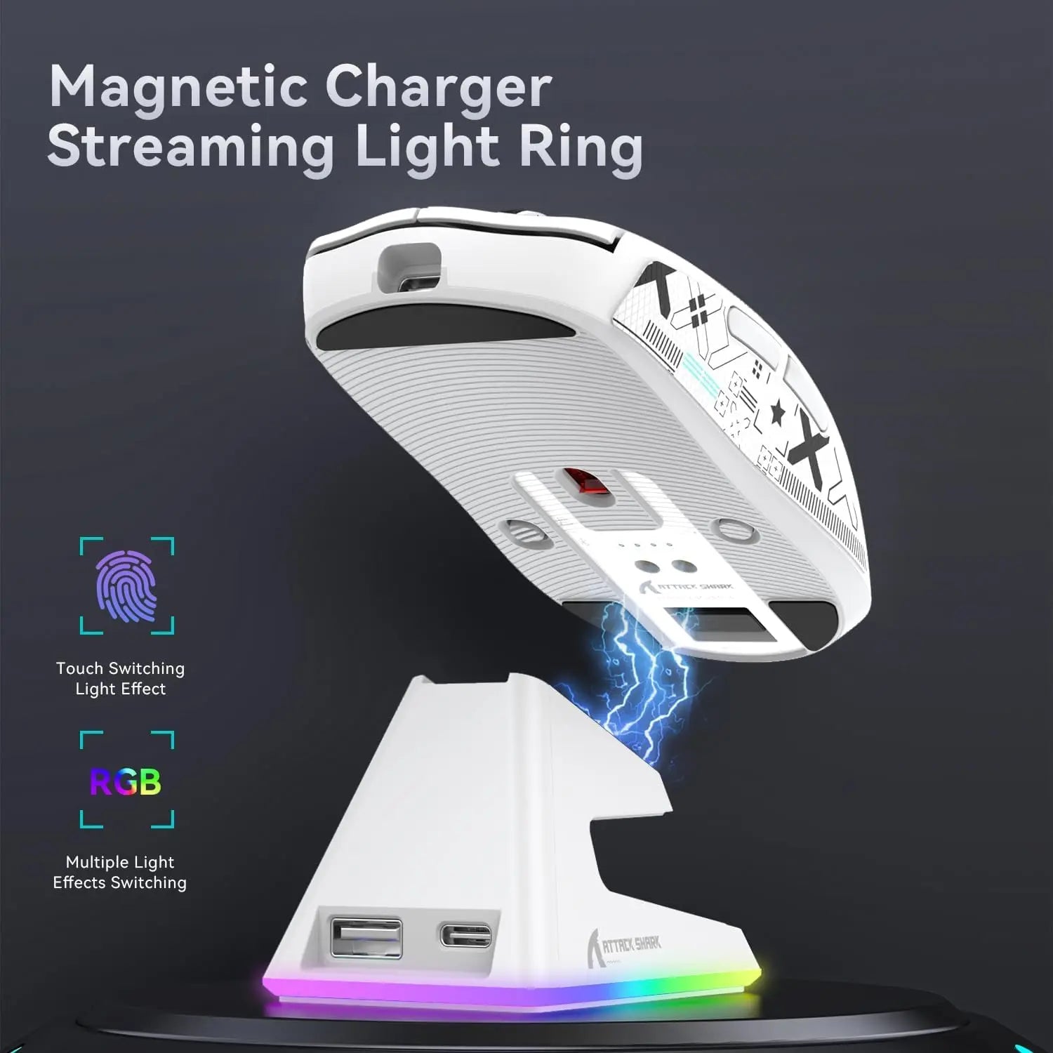 Лека безжична геймърска мишка ATTACK SHARK X6 с RGB подсветка, зареждаща база, три режима, 26K DPI, оптичен сензор PAW3395