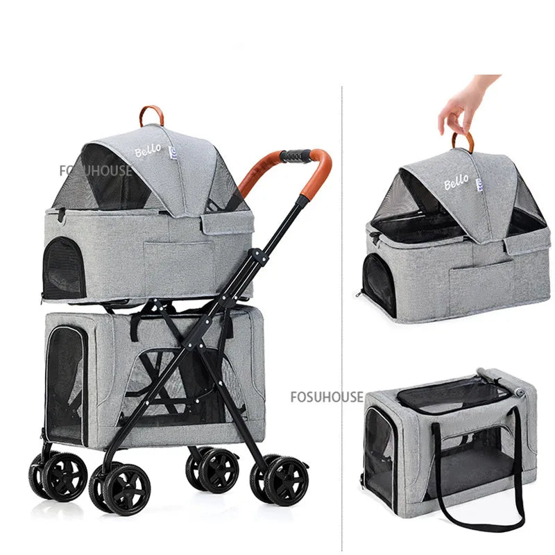 Modern Folding Lightweight Double-layer Pet Trolley Dog Puppy Pet Can Be Detached and Separated for Outdoor Travel Pet Strollers