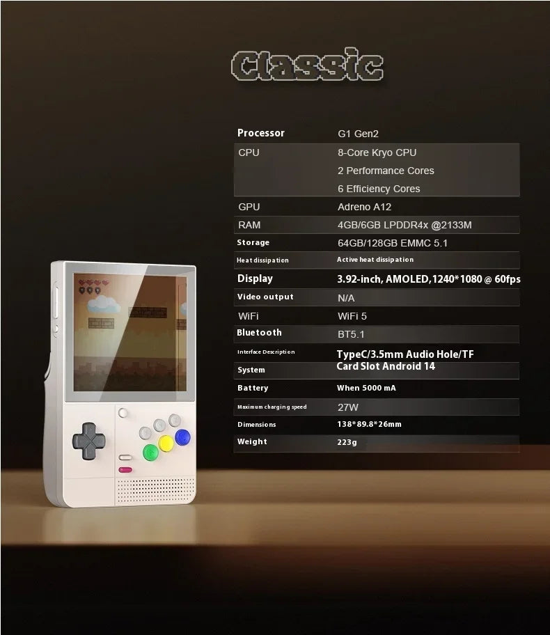 Retroid Pocket Classic Game Console Custom 3.92" 1240*1080 AMOLED 500Nits Screen 5000mAh 6 Keys Retro Handheld Game Consoles