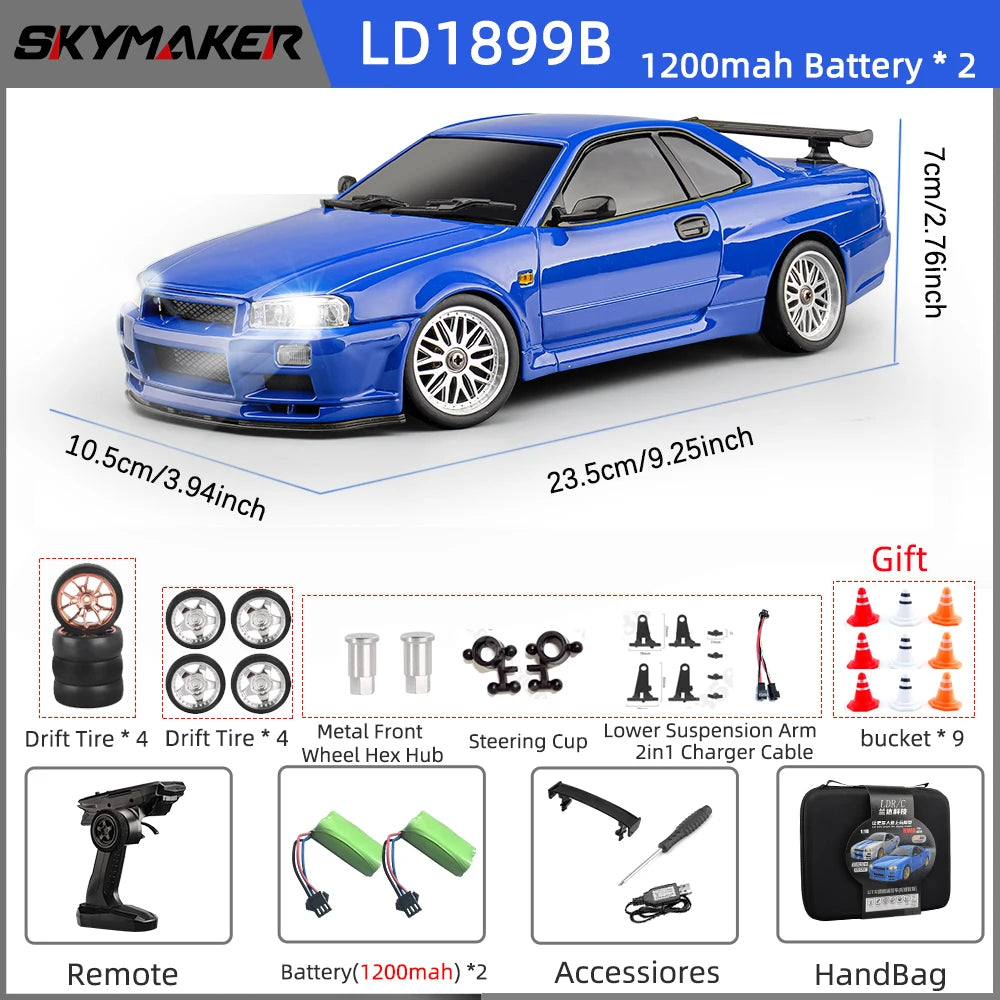 Skymaker LDRC 1/18 RC Drift Car LD1899 GTR-Modus R34 2,4 GHz RWD mit Gyroskop On-Road-Legierung Karosserie Rennwagen für Jungen Geschenke