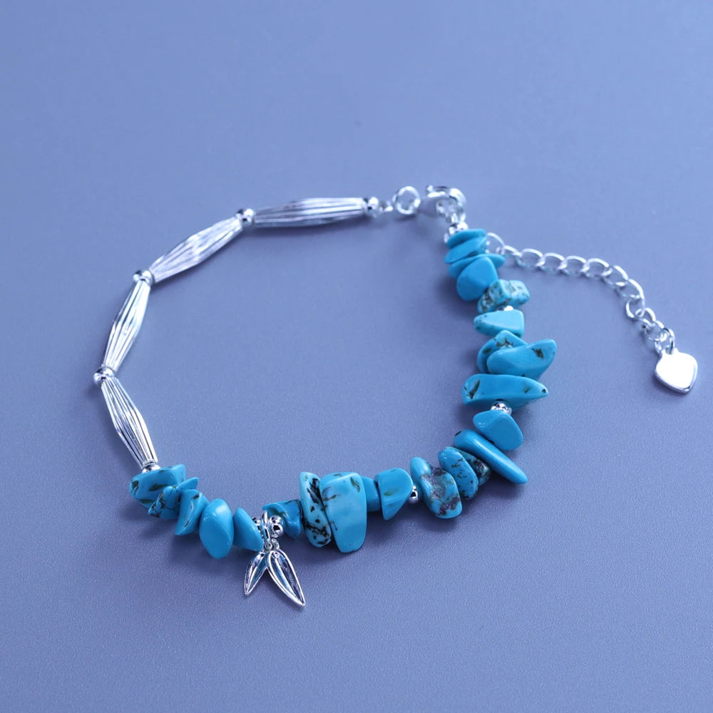 VENTFILLE 925 Sterling Silver Natural Turquoise Square Bead Bracelet For Women Gift Crushed Silver Jewelry Dropshipping