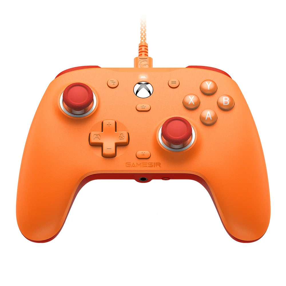 Orange gaming controller with red buttons on a white background, featuring the Xbox logo.