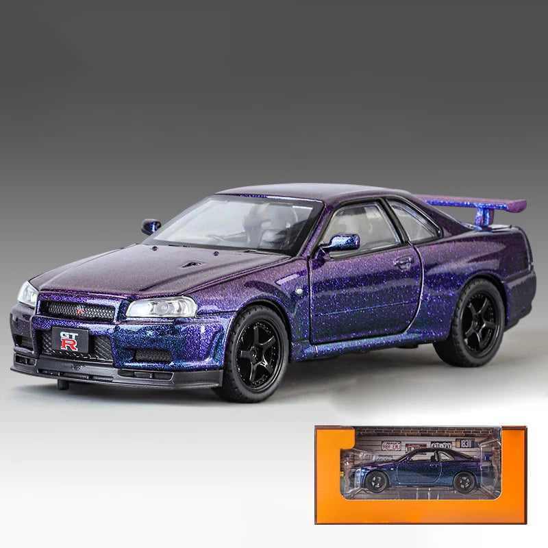 1:32 GTR R34 Skyline Street Car Version Supercar Die Casting Alloy Model Metal Car Sound Light Pull Back Mini GT Valentine's Day