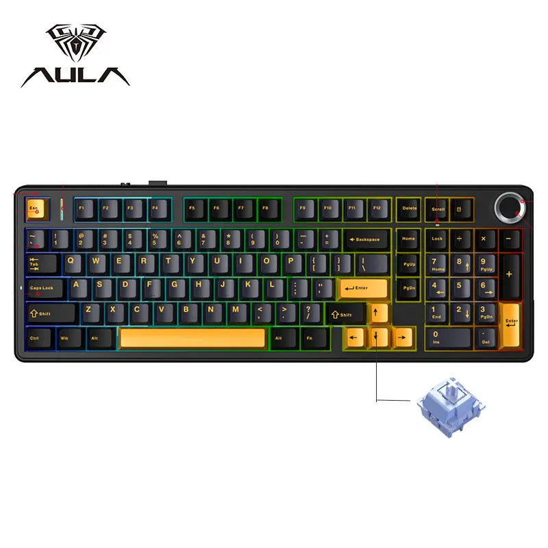 AULA F99PRO Gaming Mechanical Keyboard 99 Key Three Mode Wireless Hot Swappable Gasket Structure Custom Keyboard with Media Knob