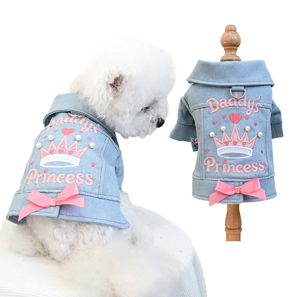 Jeansjacke für Hunde, Kronprinzessin, Geburtstagskostüm, Haustierbekleidung, langärmliger Jeansmantel mit D-Ring, Kleidung für kleine und mittelgroße Hunde
