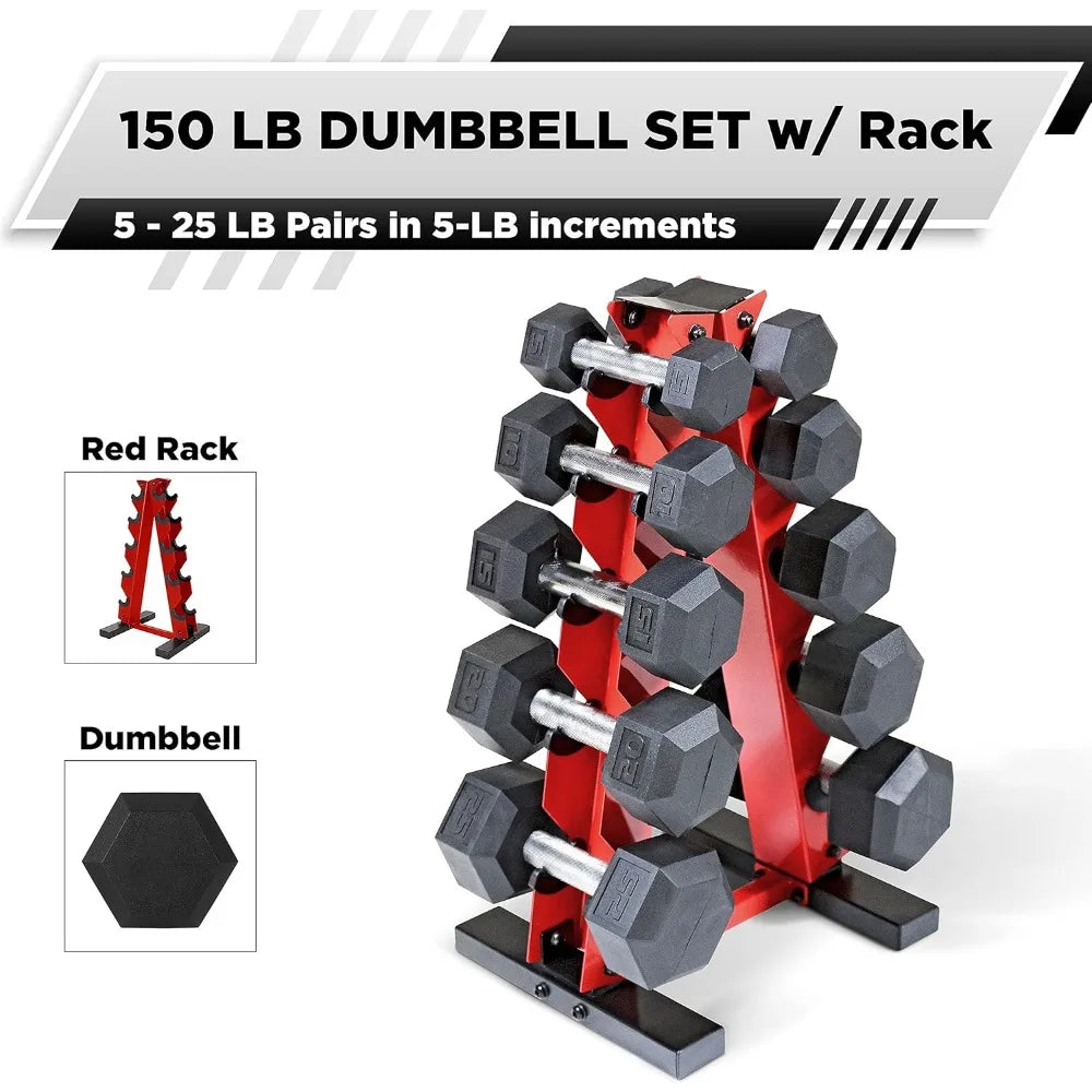 Rubber Coated Hex Dumbbells Set 5-25Lbs with Storage Rack for Muscle Toning and Strength Training