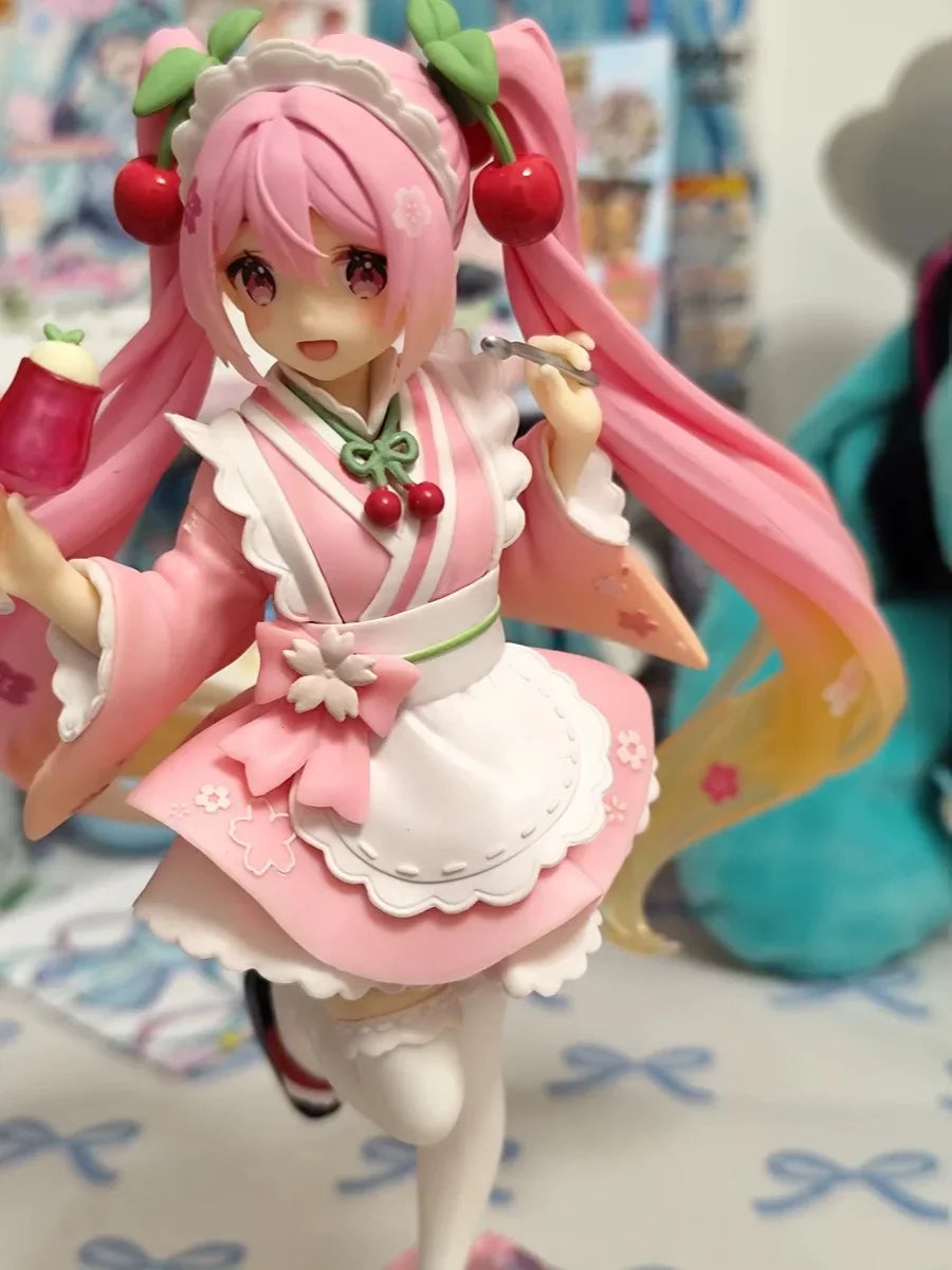 New 19cm Anime Hatsune Miku sakura Maid costume Standing posture Action Figure PCV Model statue Desktop ornament doll toy Gifts