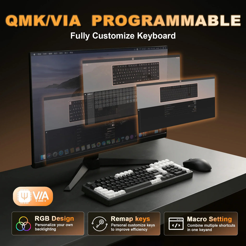 YUNZII AL98 Black Aluminum Mechanical Gaming Keyboard, QMK/VIA Wireless Custom RGB Keyboard, BT/2.4G/USB Gasket Win/Mac Keyboard