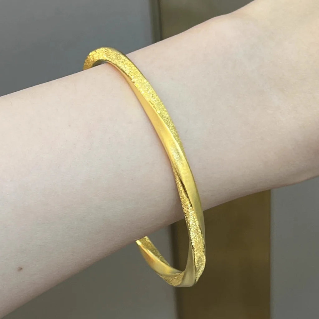 Real 24k Gold 9999 Niche Design Chinese Style Half-nail Sand Texture Mobius Circle Bracelet Women Fine Jewelry