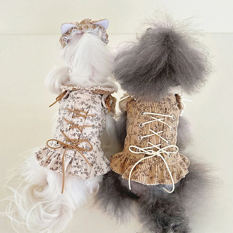 Autumn Winter Striped Lace Doll Collar Base Shirt Cute Corduroy Drawstring Vest Plush Bubble Sleeves Shoulder Strap Skirt Set