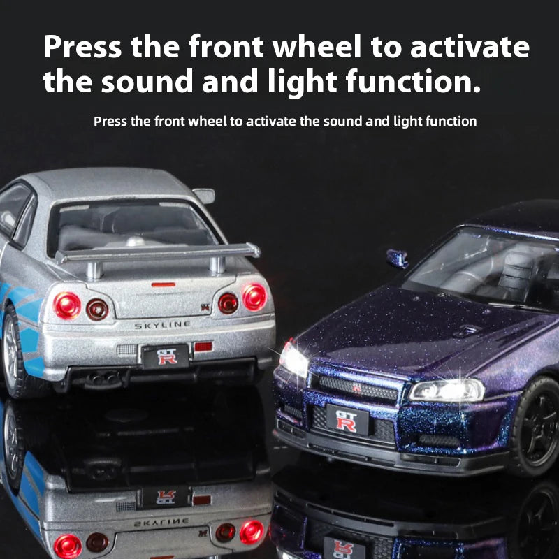 1:32 GTR R34 Skyline Street Car Version Supercar Die Casting Alloy Model Metal Car Sound Light Pull Back Mini GT Valentine's Day