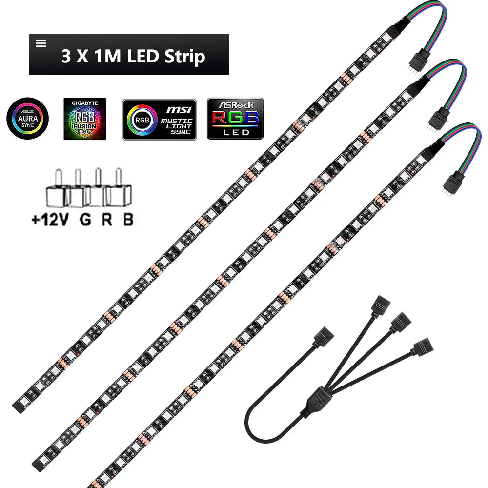 12V 4 Pin RGB Led Strip Light PC Gamer Led Tape Splitter Cable 5050 RGB Strip For Aura Sync MSI Mystic Light Motherboard Control