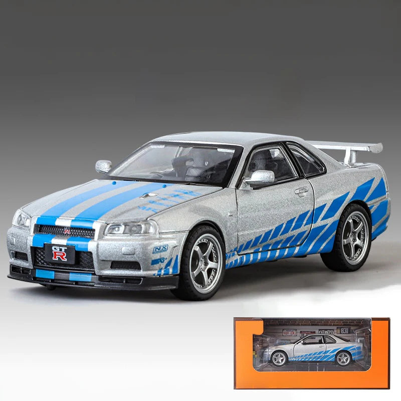 1:32 GTR R34 Skyline Street Car Version Supercar Die Casting Alloy Model Metal Car Sound Light Pull Back Mini GT Valentine's Day