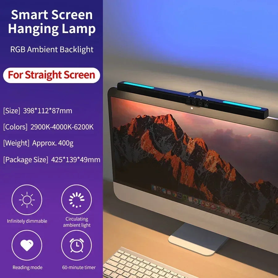 LED Curved Screen Monitor Light 40cm Screen Hanging Lights Desk Lamp for Work Study RGB Gaming Room Background Atmosphere Lights