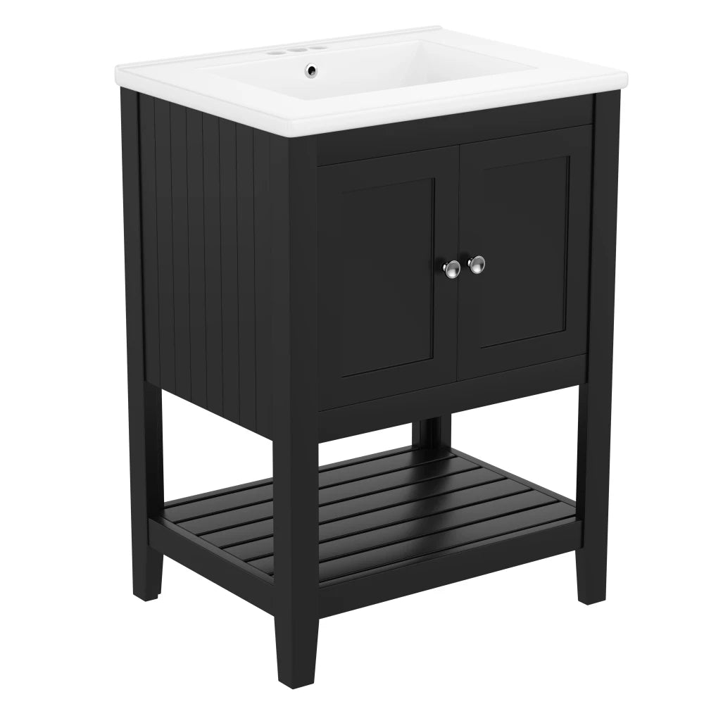 24" Black Modern Sleek Bathroom Vanity Elegant Ceramic Sink with Solid Wood Frame Open Style Shelf