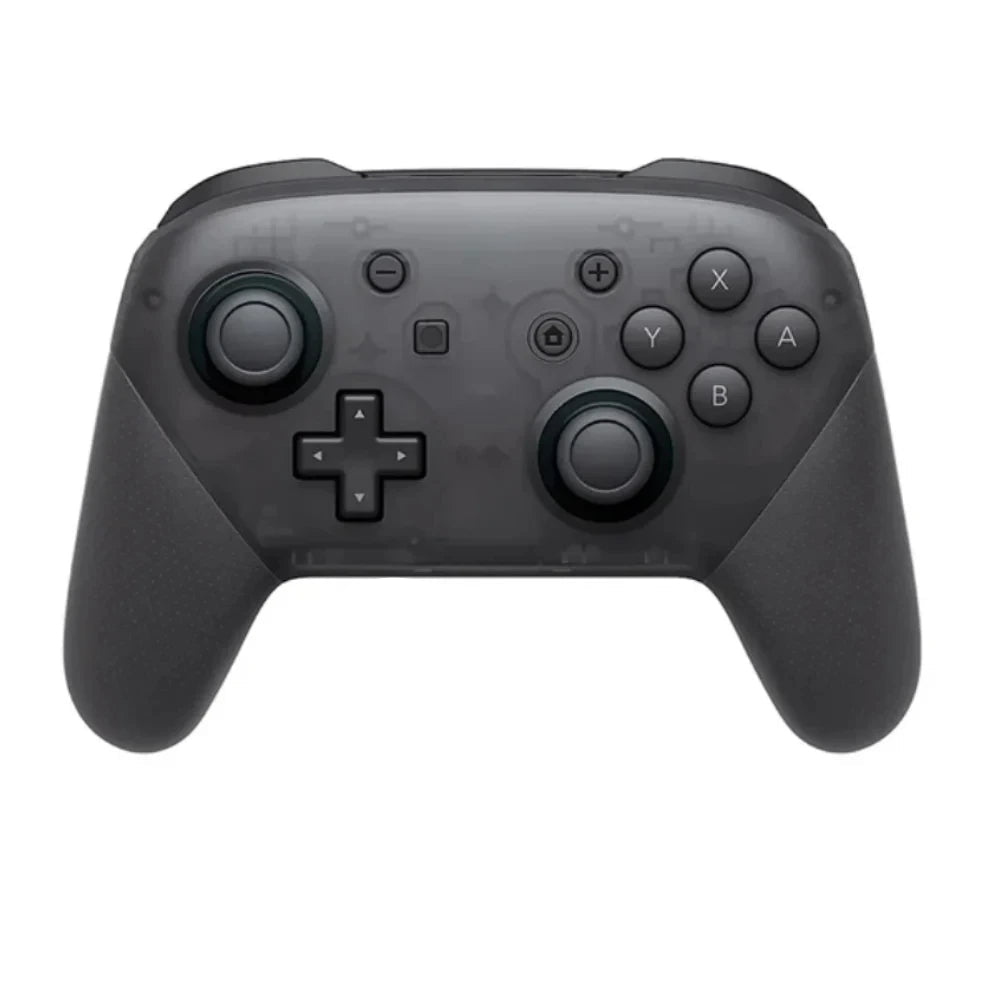 Black gaming controller with text indicating no LED light and no NFC function on a white background.