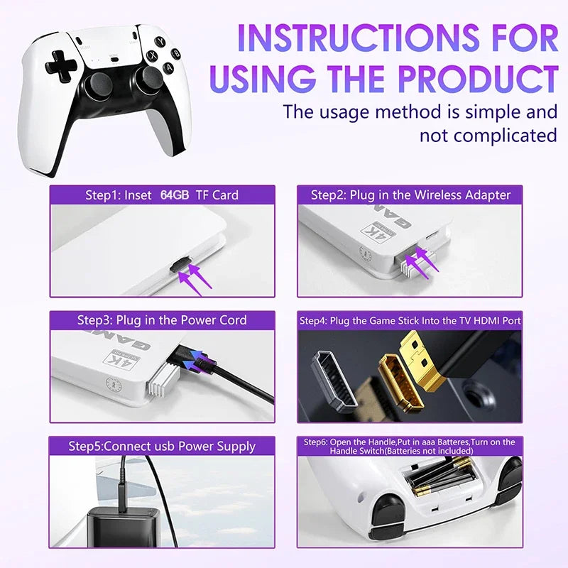 4K Mini TV Game Stick Video Game Console Built-in 30000+/40000 Games 64G Handheld Game Player Wireless Controller Retro Gamepad