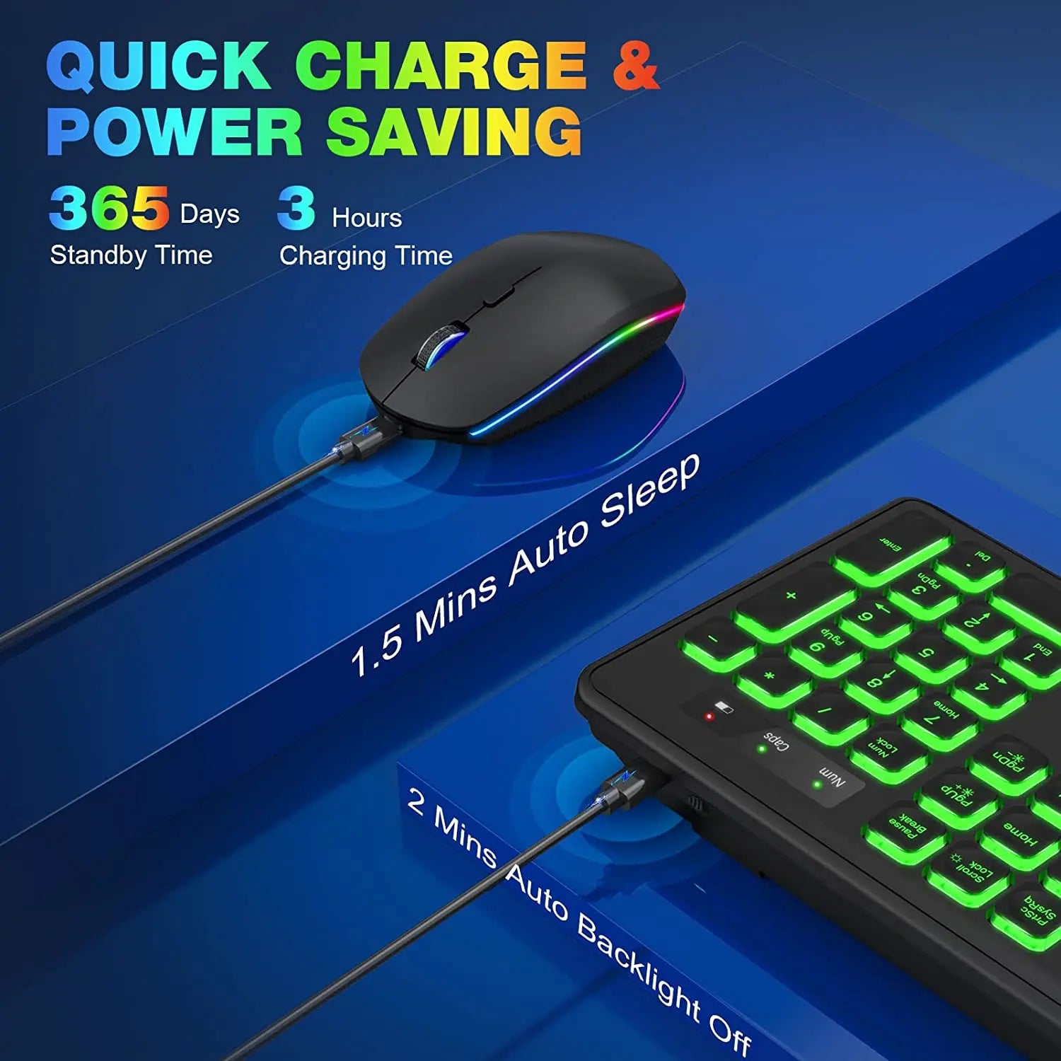 Wireless Keyboard and Mouse Combo RGB Backlit Rechargeable Light Up Letters Ergonomic Tilt Angle Sleep Mode 2.4GHz Quiet Mac PC