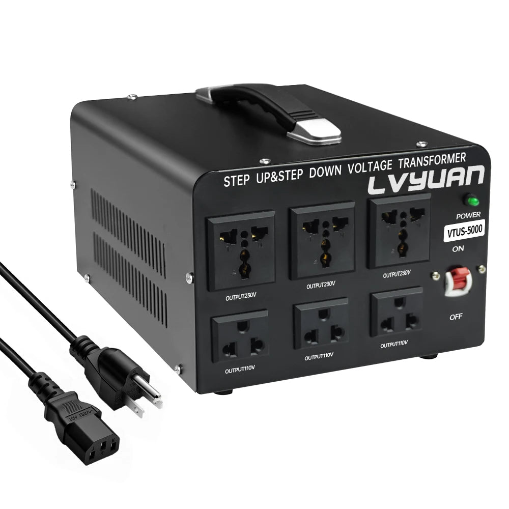 LVYUAN Spannungswandler-Transformator, 500 VA – 5000 VA, Hochleistungs-Aufwärts-/Abwärtstransformator mit US- und EU-Steckdose, 5 V, USB-Anschluss, CE-zertifiziert