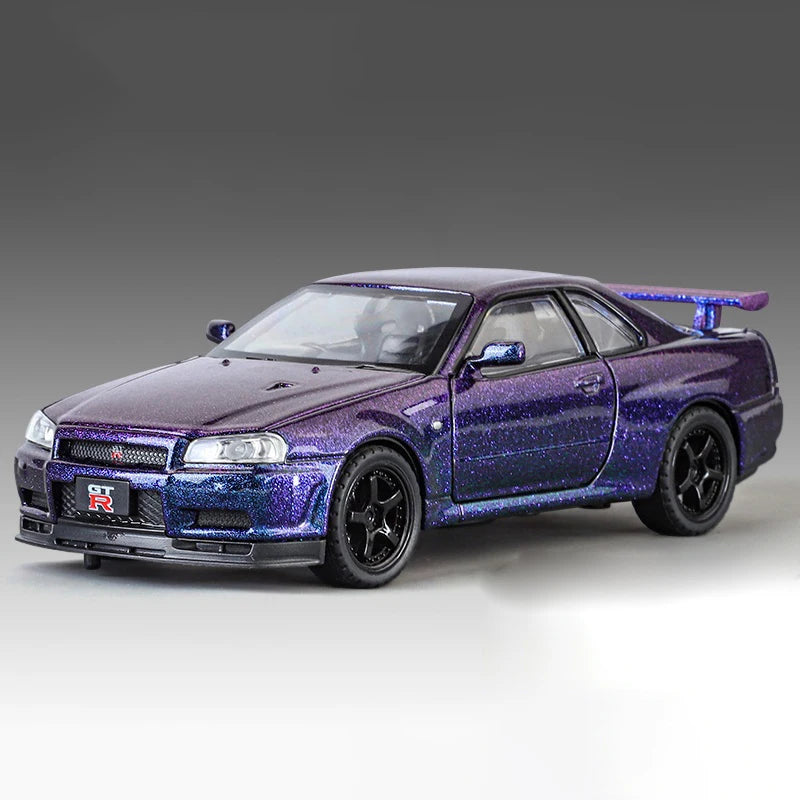 1:32 GTR R34 Skyline Street Car Version Supercar Die Casting Alloy Model Metal Car Sound Light Pull Back Mini GT Valentine's Day