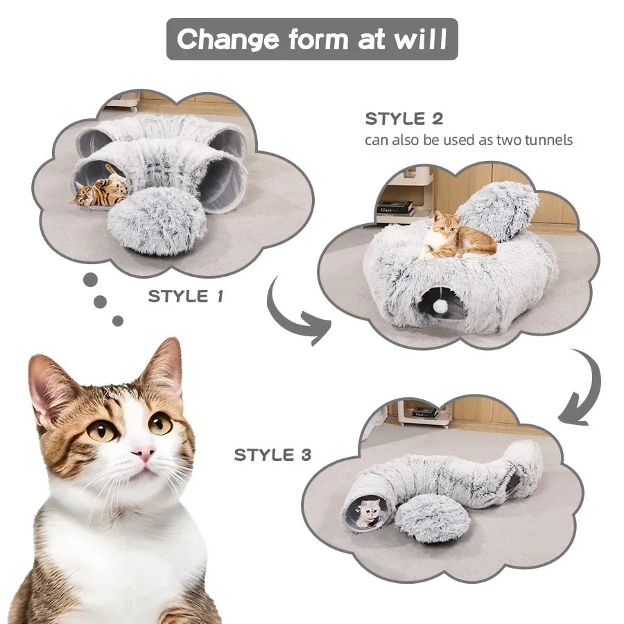 3 in1 Plush Cat House Indoor Cats Tunnel Multifunctional Pet Toys Foldable Fluffy Donut Cat Bed Multiple Cats Available Tunnel