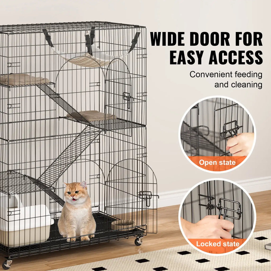 Catio, 4-Tier Large Cat Cages Indoor, Detachable Metal Playpen Enclosure with 360 Rotating Casters,