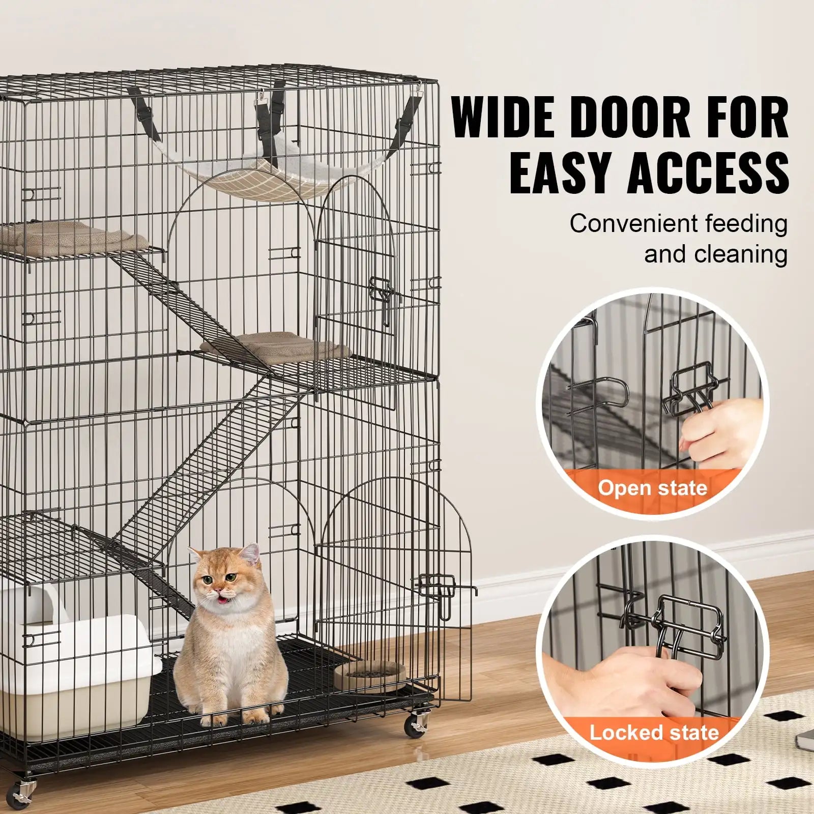 Catio, 4-Tier Large Cat Cages Indoor, Detachable Metal Playpen Enclosure with 360 Rotating Casters,