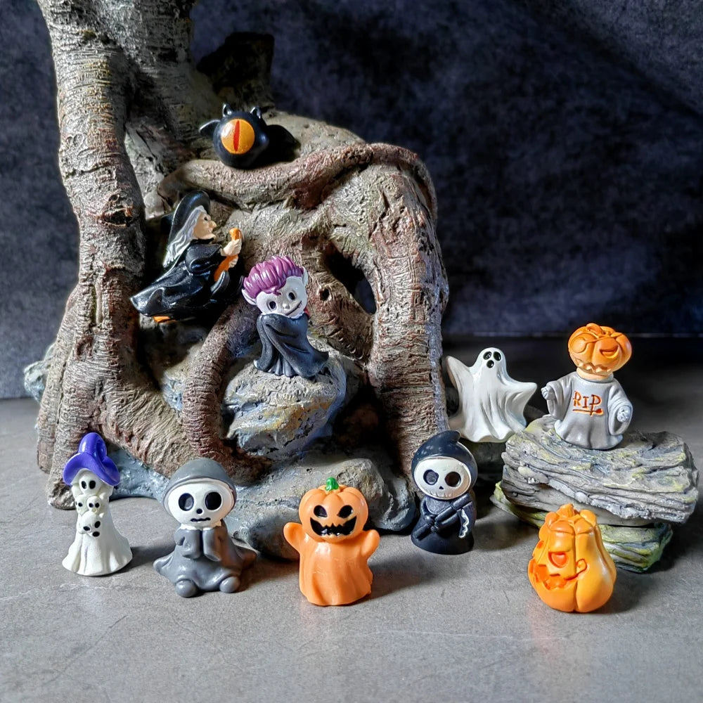 10 Stück Mini-Geist-Teufel-Zauberer, Festi-Kürbis-Schädel, Halloween-Dekoration, Kunstharz, Basteln, Miniaturfigur, winzig, für Feengarten-Dekor