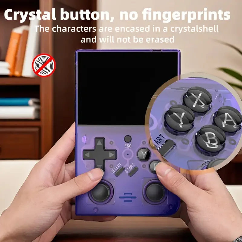 Retro handheld game console. 3.5-inch screen, portable pocket game console with headphone jack, USB charging.