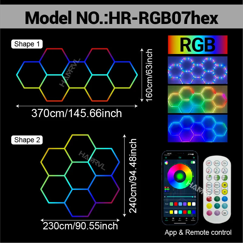 RGB Hexagon LED Lighting Colorful Change Dimming Deco Light for Car Garage Gym Party Club Stage Gaming Sound pickup Wall Ceiling